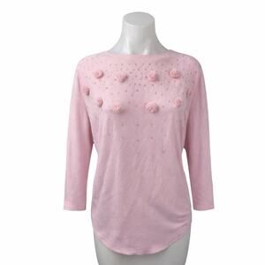 Emily Stacy Women's Pink Pompom Rhinestone Long Sleeve Sweatshirt Sweater Top M